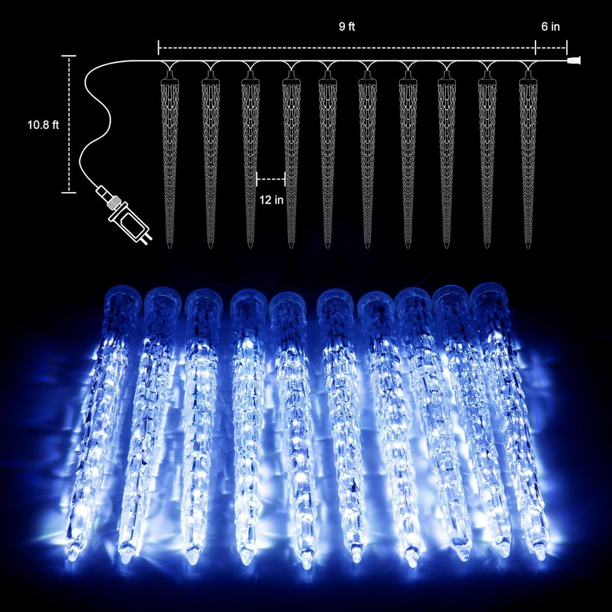 Christmas Icicle Lights Outdoor, 10Ft. Meteor Shower Lights with 10 Large Icecycles, Snowfall