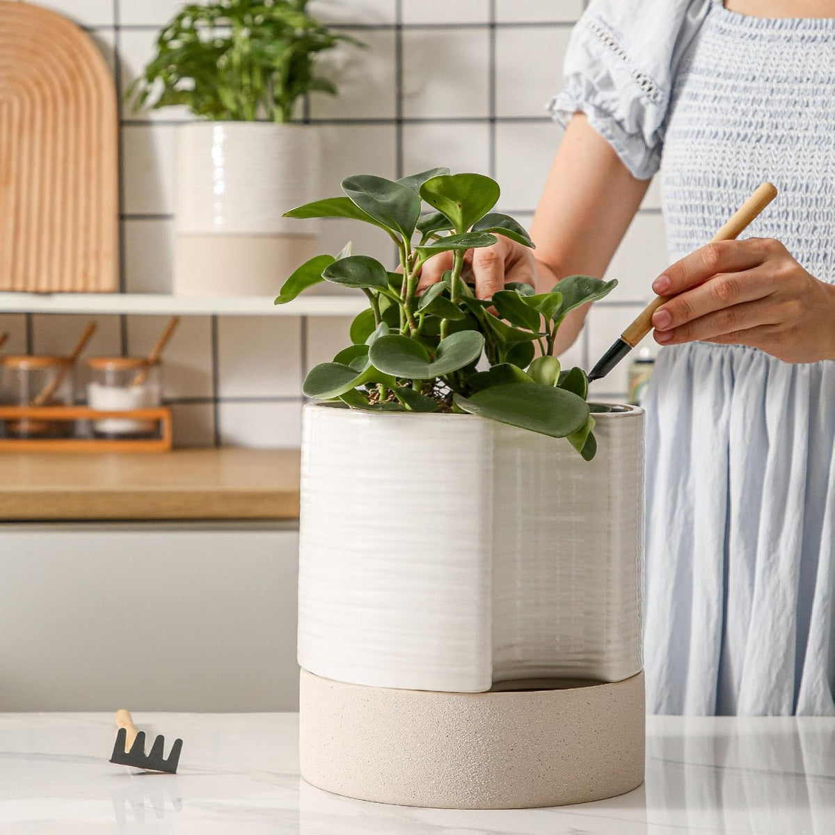 Nihow Self Watering Plant Pot: 8 Inch Ceramic Planter with Drainage Hole & Water Storage Plus for