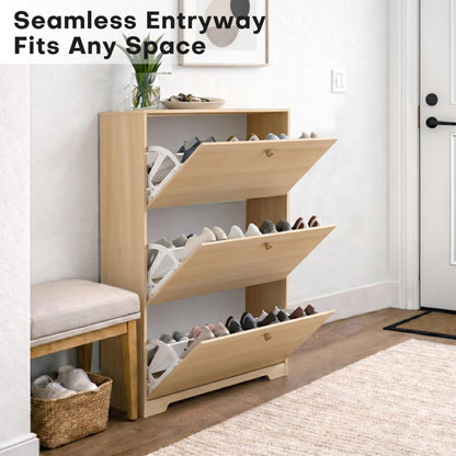Nicetree Shoe Cabinet with 3 Flip Drawers, Entryway Storage, Natural Oak