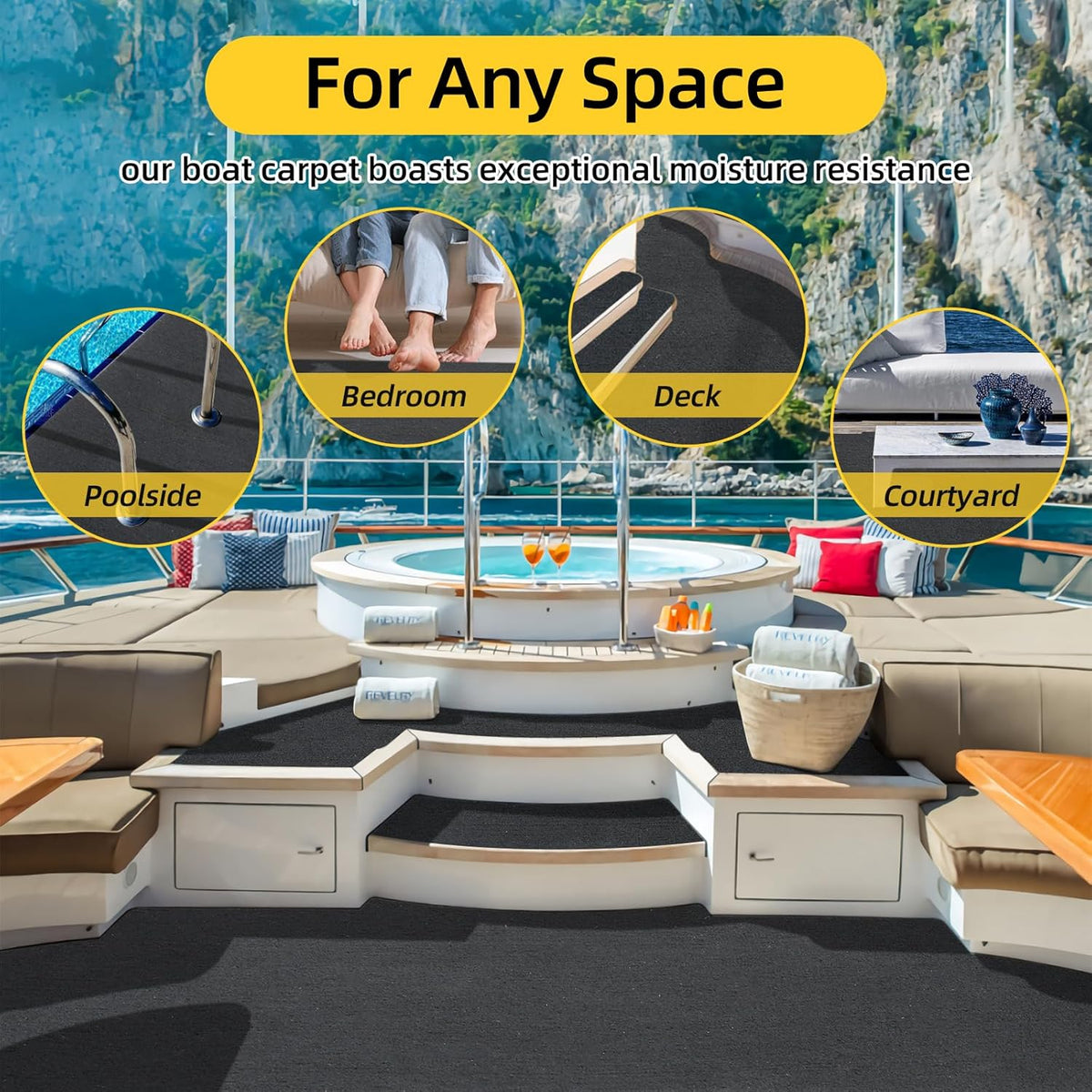 Marine Carpet,5 FT x 10 FT Black Indoor Outdoor Carpet 0.2" Thick Boat Carpet with Water-Proof TPE