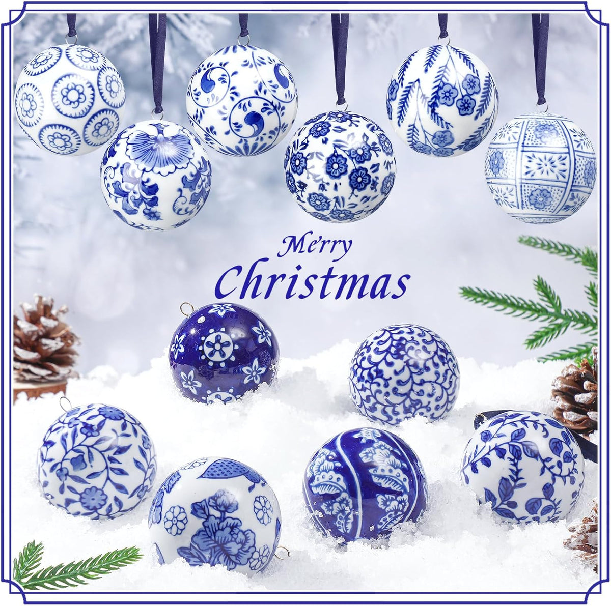 Cindeer 12 Pcs Blue and White Christmas Porcelain Balls 2.4 Inch Porcelain Chinoiserie Ornament