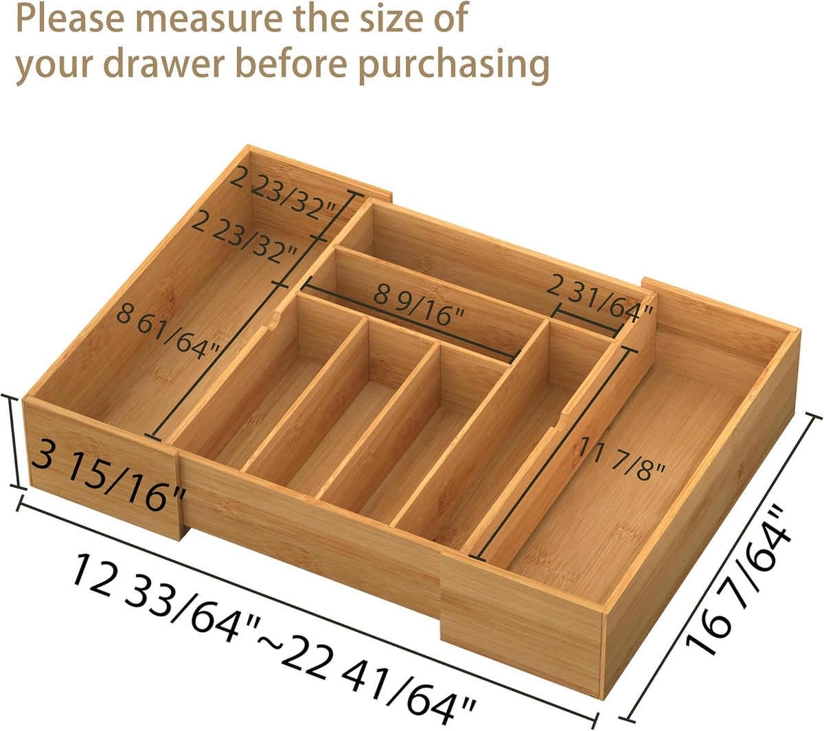 BAMEOS 3.9inch Tall Bamboo Drawer Organizer, Expandable Utensil Holder with 8 Compartments