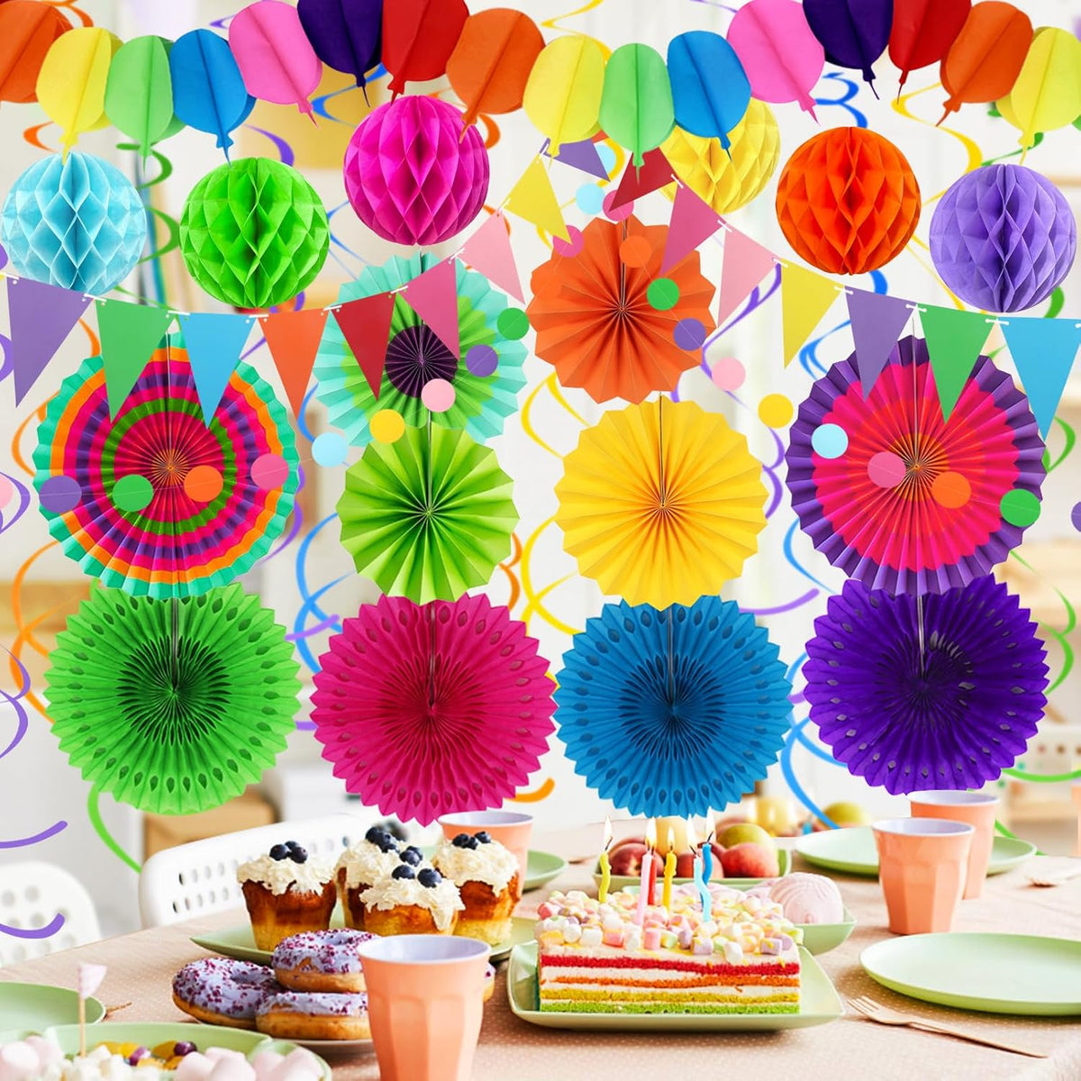 Fiesta Party Decorations - Easy to Assemble Multicolored Paper Fan Honeycomb Ball Garland Hanging
