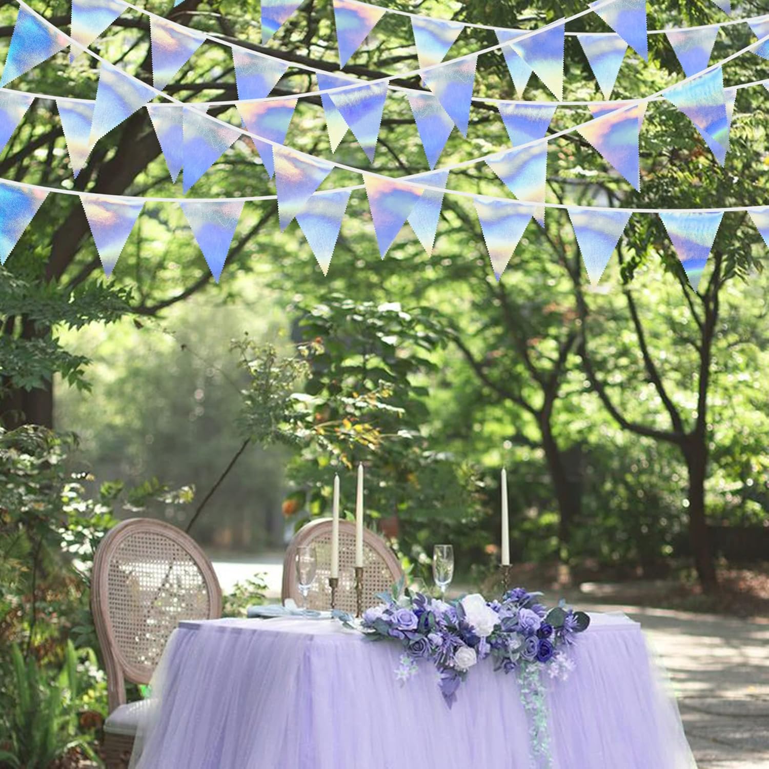 33Ft Iridescent Party Decoration Holographic Fabric Triangle Pennant Banner Flag Cotton Bunting