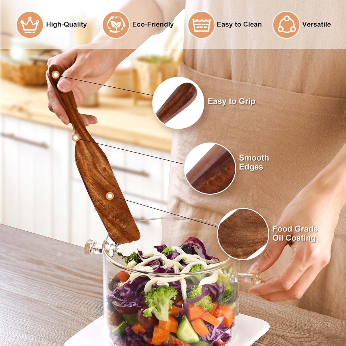 5 Pcs Wooden Spurtle Set, Natural Teak Kitchen Utensil Set Heat Resistant Non-Stick Wooden Spoons