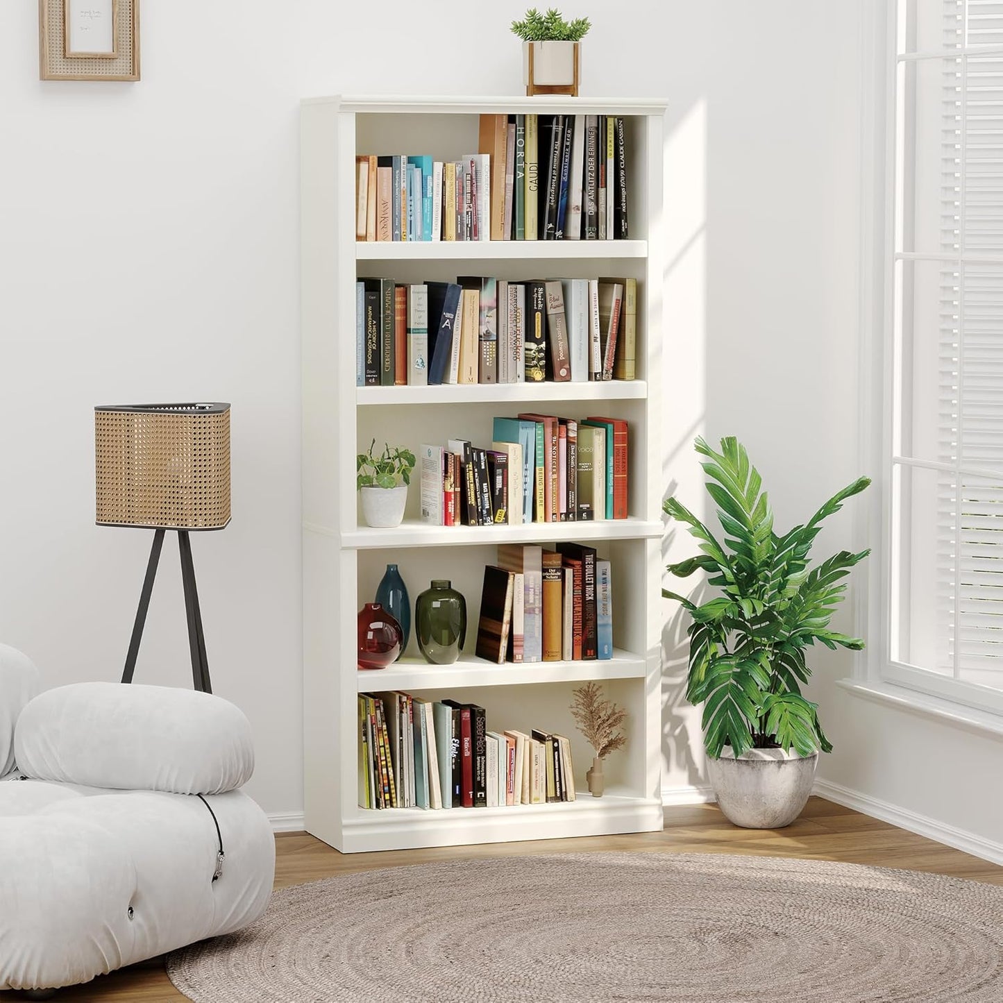 70-Inch Tall White Bookcase, 5 Tiers Shelves Open Storage Bookshelf, 33 in Wide Anti Tipping Indoor