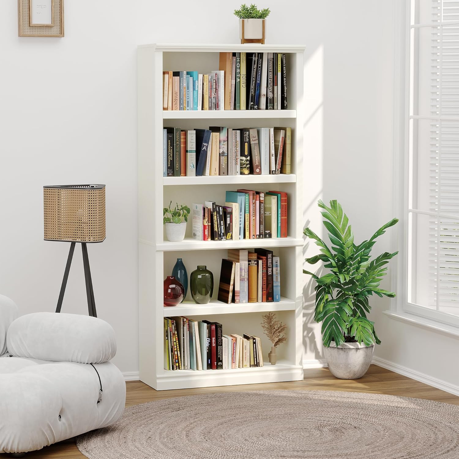 70-Inch Tall White Bookcase, 5 Tiers Shelves Open Storage Bookshelf, 33 in Wide Anti Tipping Indoor