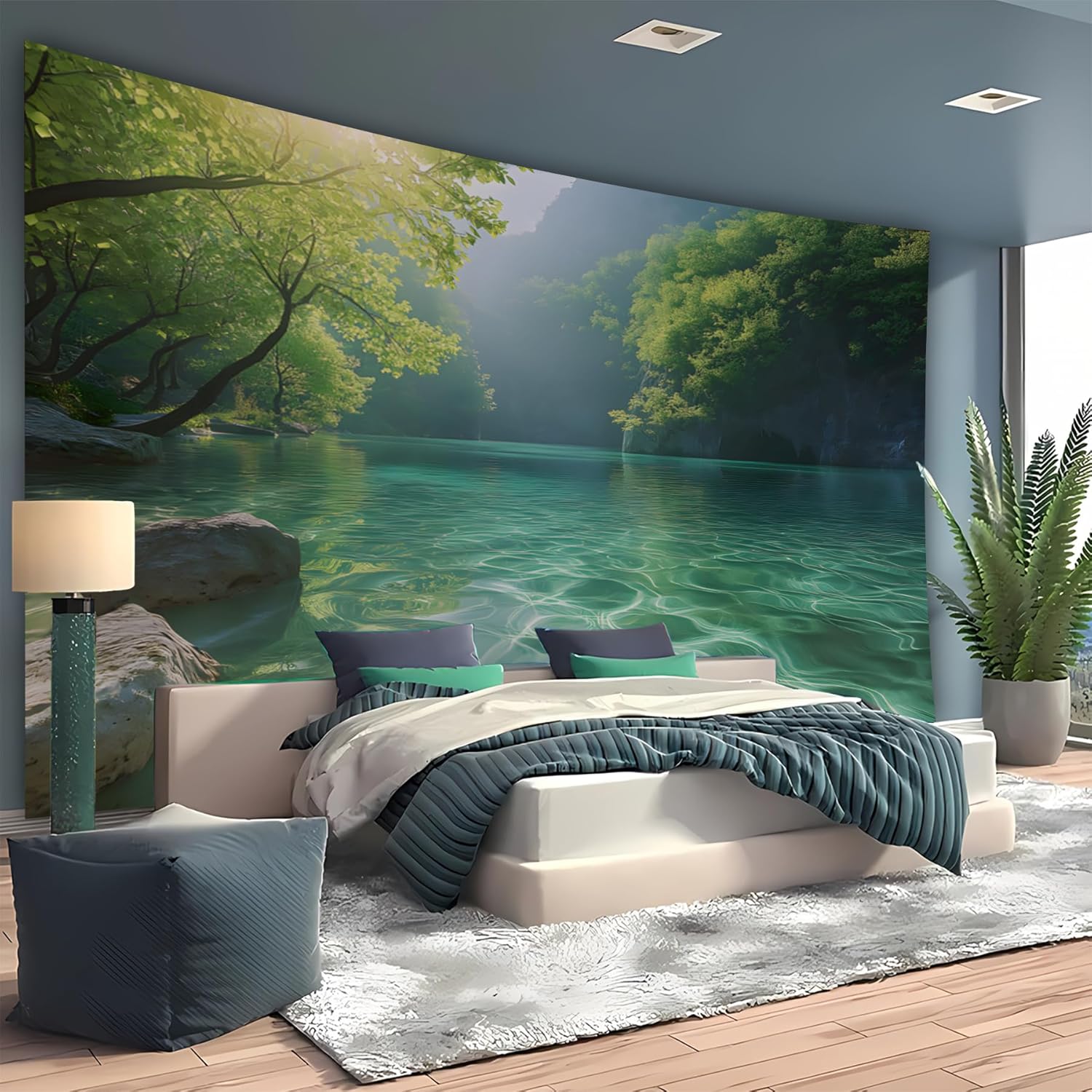 BSFHH Nature Tapestry Forest Tree Sea Cave Wall Hanging, Stream Through Rainforest Landscape Wall