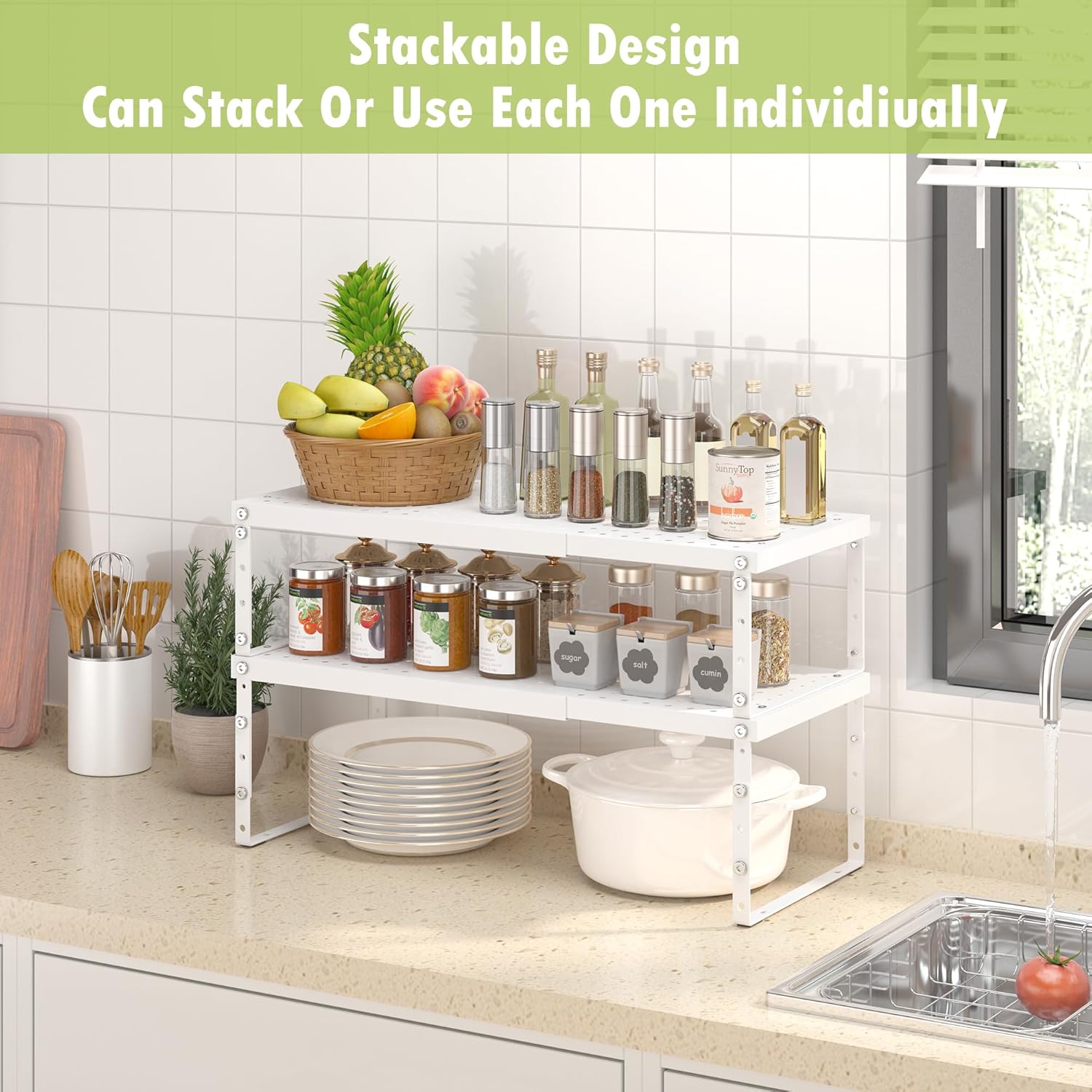Expandable Cabinet Organizer Shelf With Adjustable Height, Stackable Kitchen Countertop Organizer