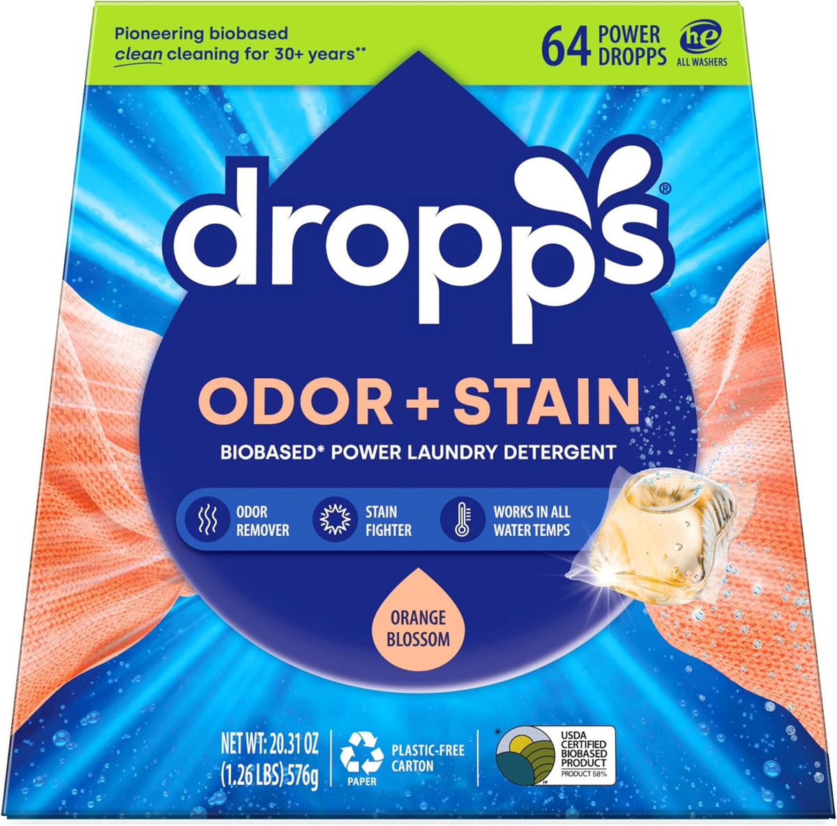 Dropps Odor & Stain Biobased Power Laundry Detergent Pods, Orange Blossom (64 Pods) - HE Compatible