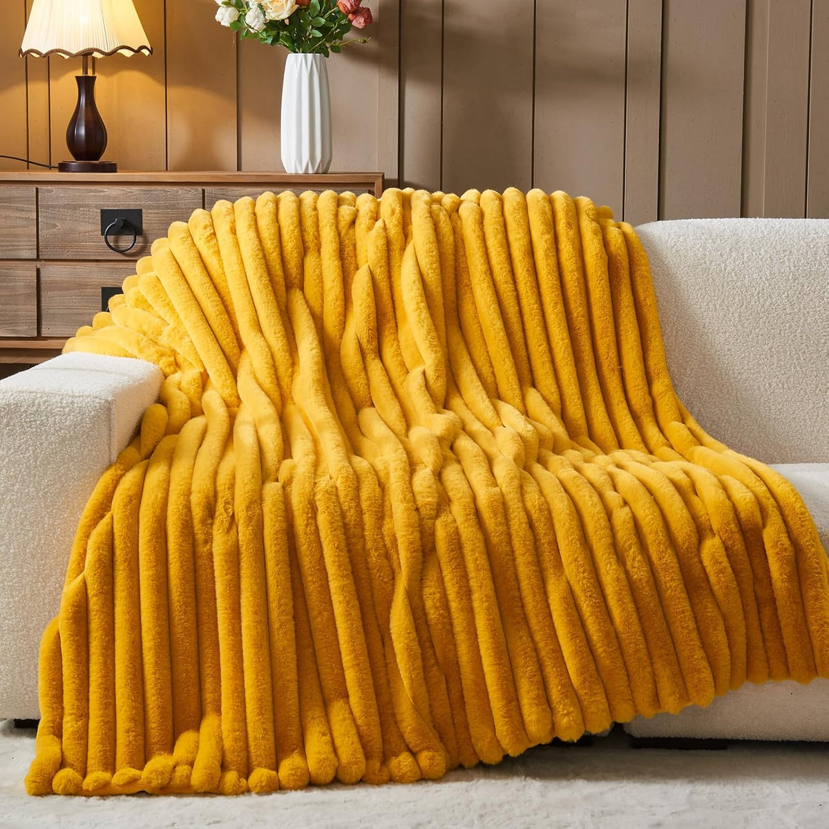 NEWCOSPLAY Faux Fur Throw Blanket Mustard Yellow 3D Ribbed Plush Thick Warm Blanket for Couch Sofa