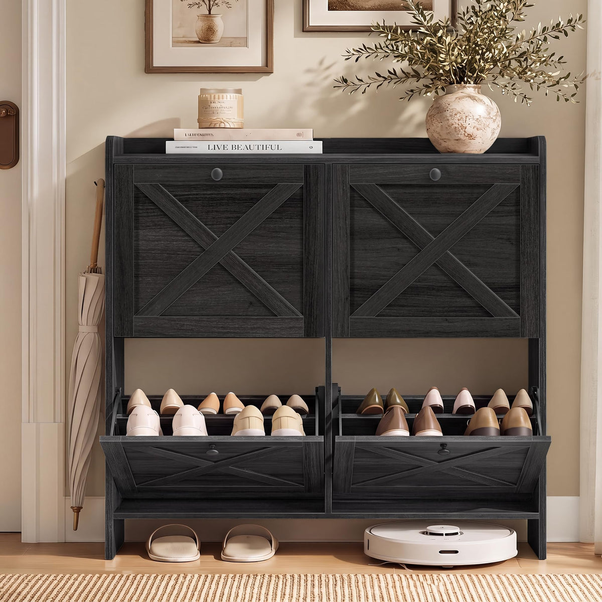 VASAGLE Shoe Storage Cabinet Organizer with 4 Flip Drawers, Freestanding Narrow Shoe Rack Cabinet
