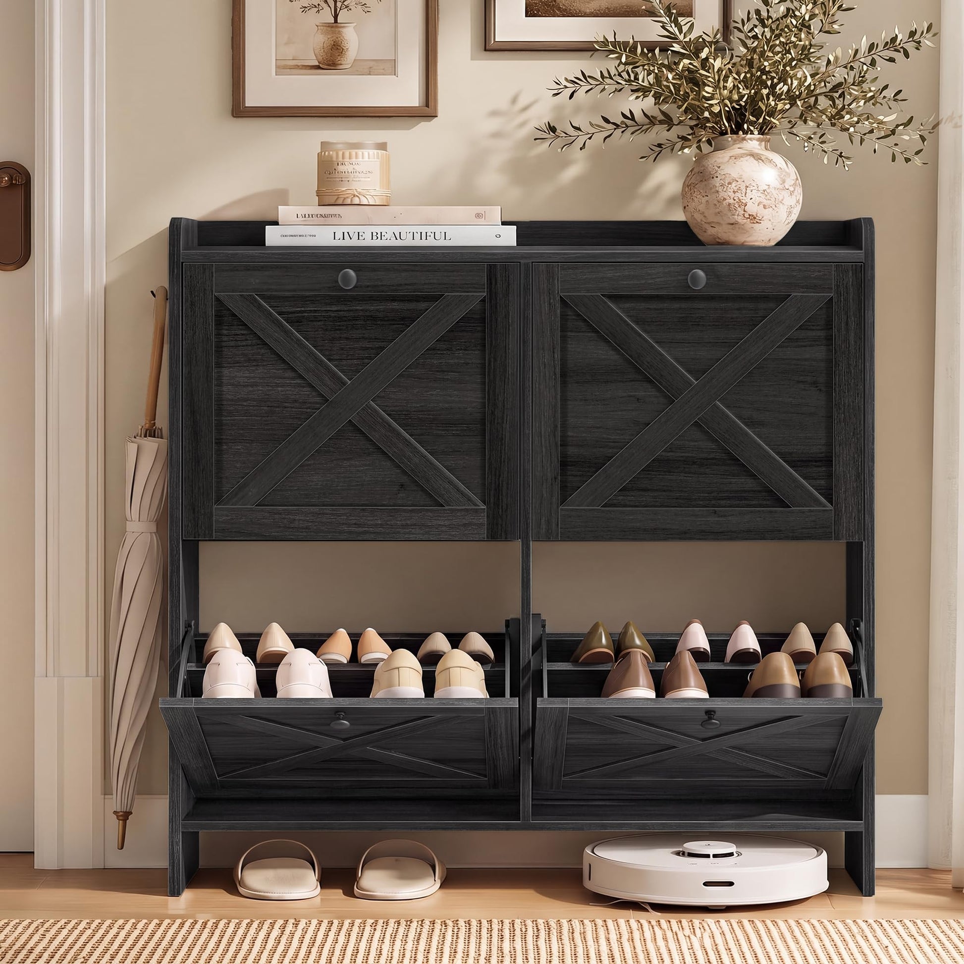 VASAGLE Shoe Storage Cabinet Organizer with 4 Flip Drawers, Freestanding Narrow Shoe Rack Cabinet