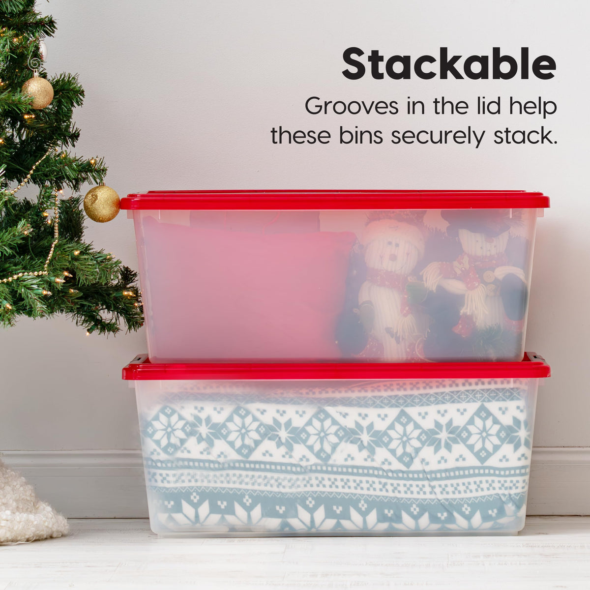 IRIS USA 4-Pack, 91 Qt. Holiday Storage Bin with Lids, Red