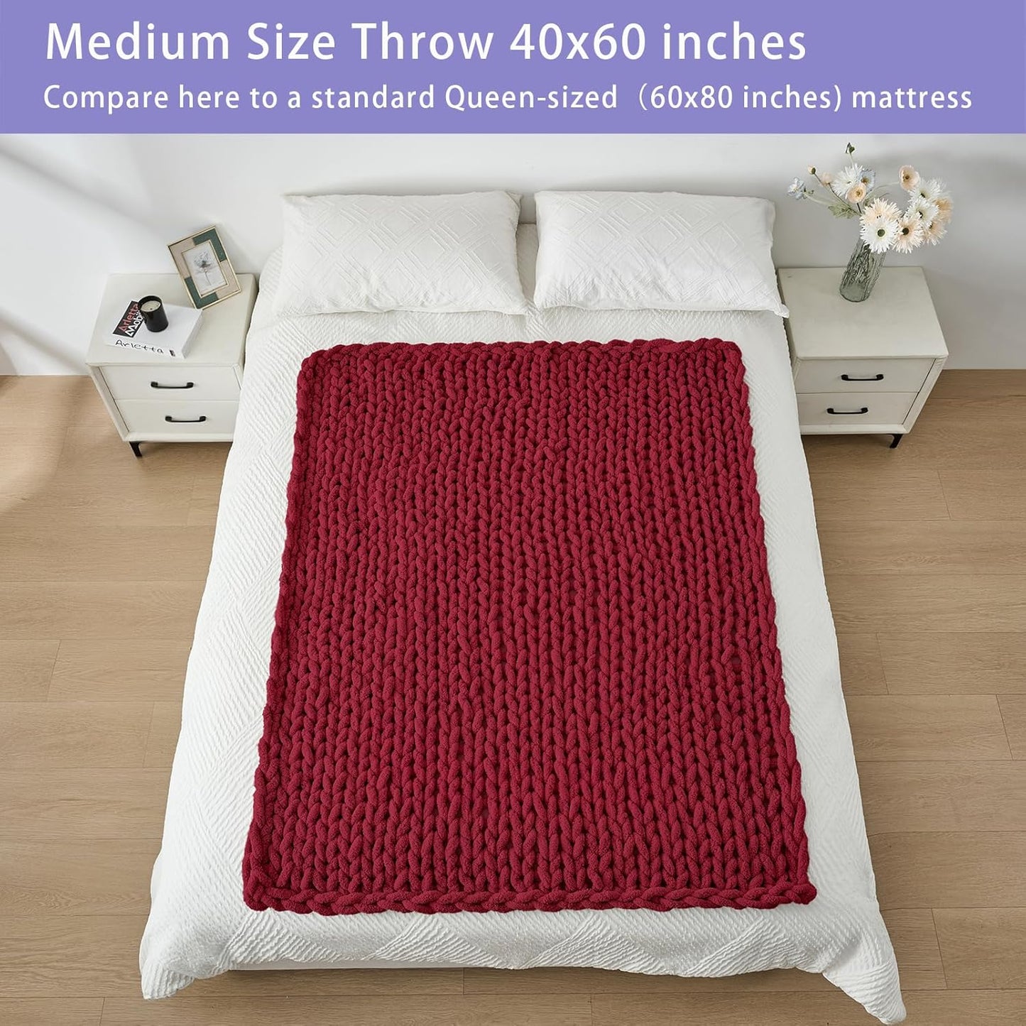 Bigacogo Chunky Knit Throw Blanket for Couch, 40x60 inches, 100% Hand Knitted with Thick Jumbo