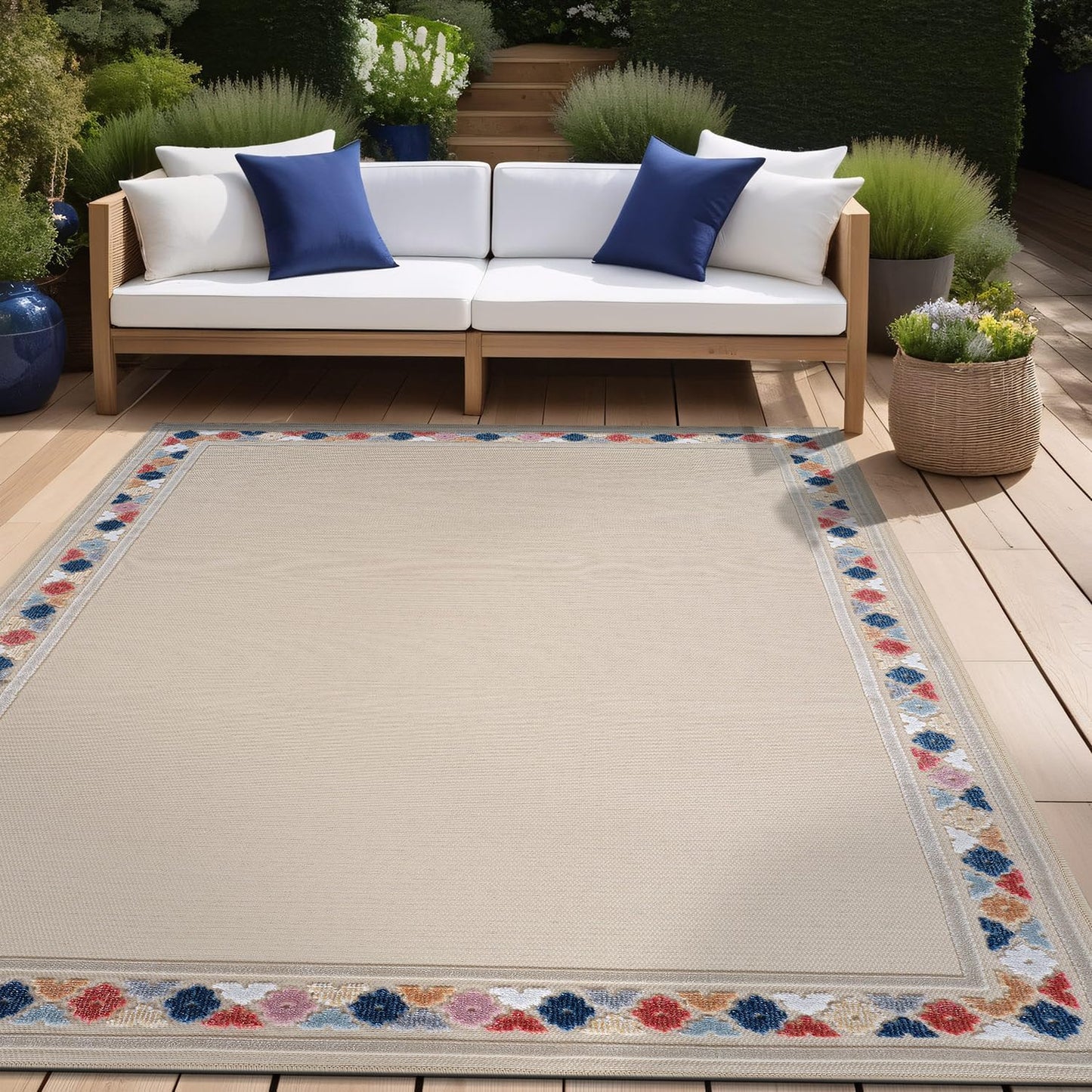 Beverly Rug Outdoor Rug 4x6 Modern Bordered Area Rugs for Indoor and Outdoor Patio Easy to Clean