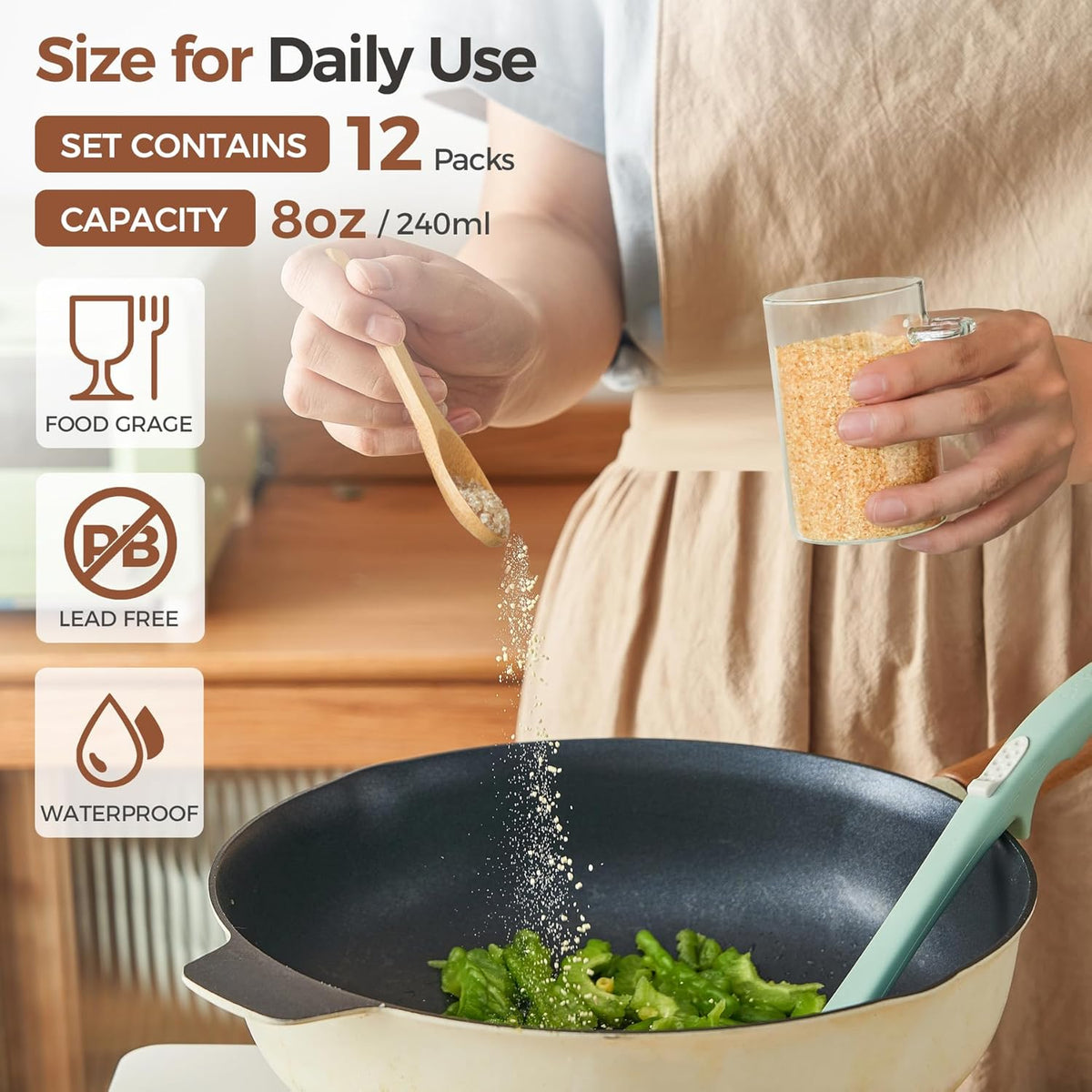 ComSaf 12 Pcs Glass Spice Jars and Spoons, 8oz Glass Containers with Bamboo Lids, Storage