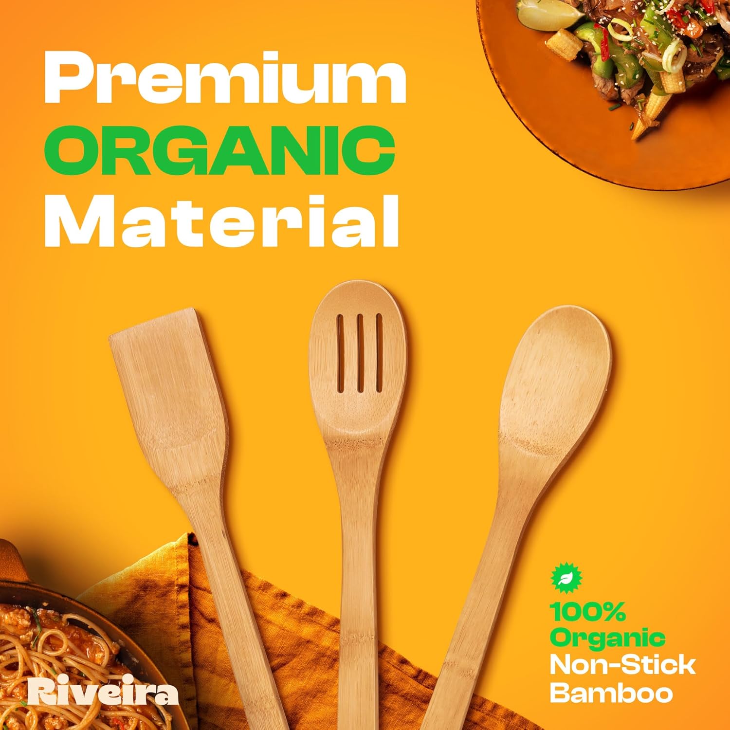 Riveira Bamboo Wooden Spoons for Cooking 3-Piece, Apartment Essentials Wood Spatula Spoon Nonstick
