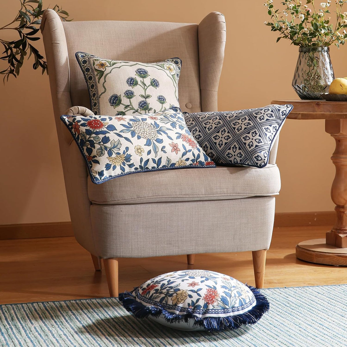 patdrea Designer Floral Linen Throw Pillow Covers,Blue French Cottage Flower Pattern Decorative