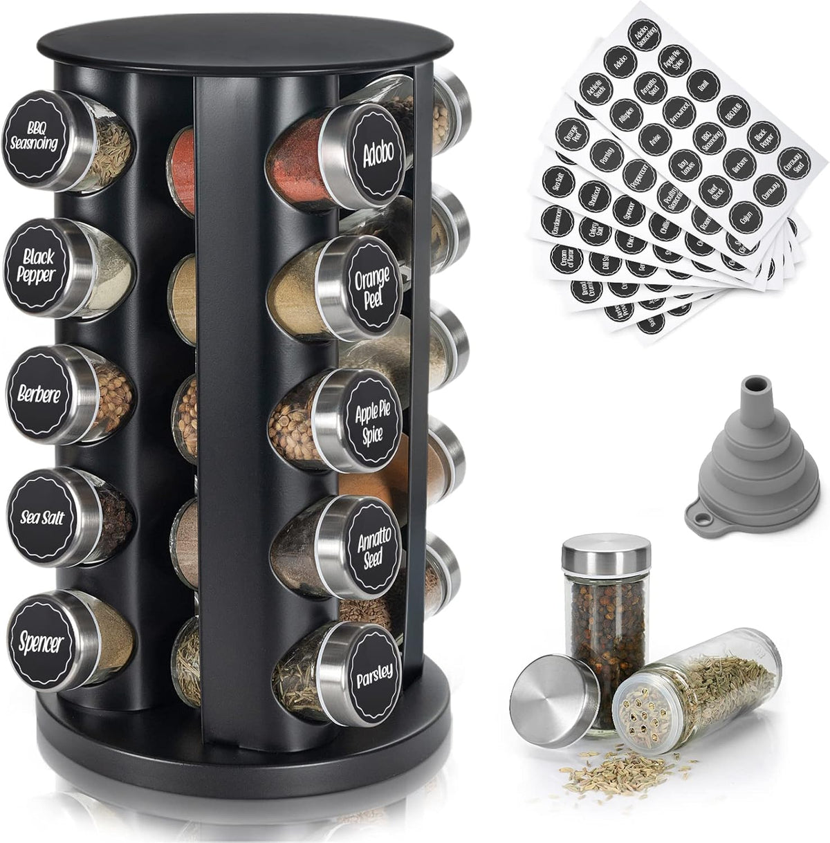 Black Countertop Revolving Spice Rack, Empty 20-Jars Rotating Spice Rack Organizer, Round Carousel