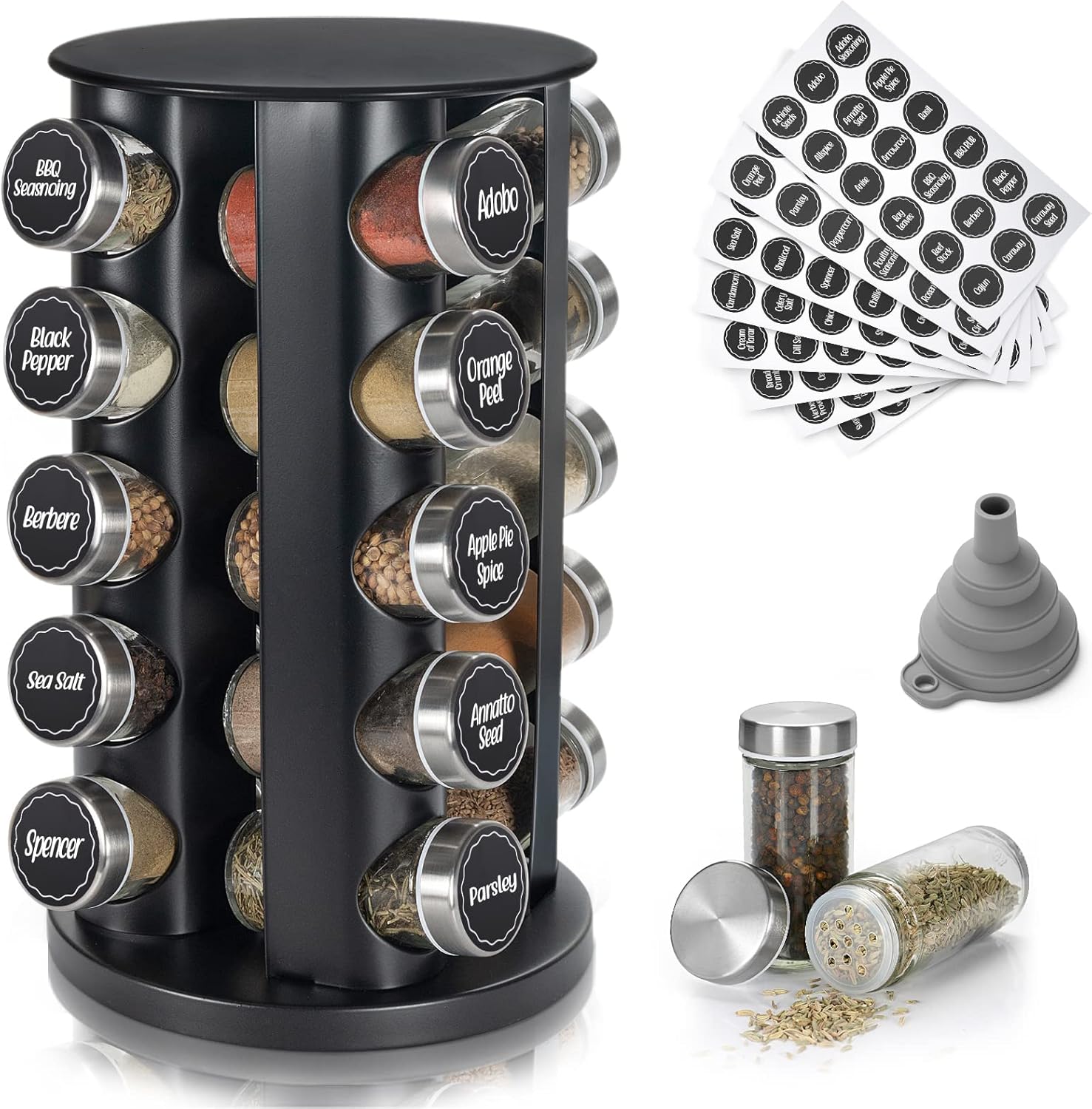 Black Countertop Revolving Spice Rack, Empty 20-Jars Rotating Spice Rack Organizer, Round Carousel
