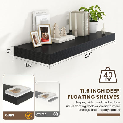 Deep Floating Shelves for Wall | 36 Inch Wide x 12 Inch Deep Black Floating Shelves | 36W x 12D
