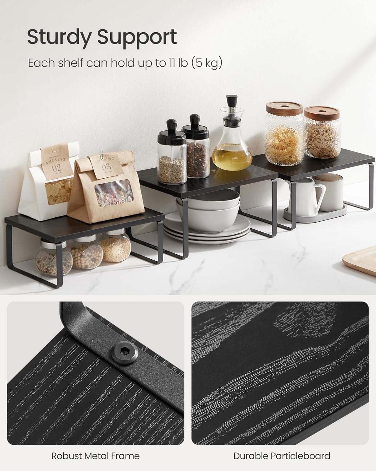 SONGMICS Cabinet Organizer Shelf, Set of 3 Kitchen Counter Shelves, Kitchen Storage, Spice Rack