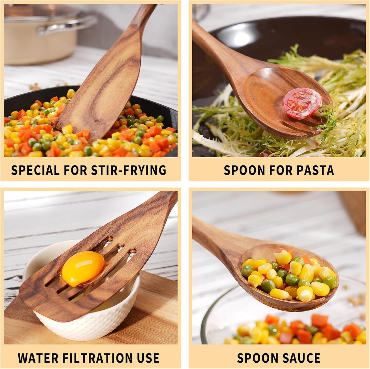 Wooden Cooking Utensils Set, 9 PCS Teak Wood Spoons, Spatula, Slotted Spoon, Handmade Modern