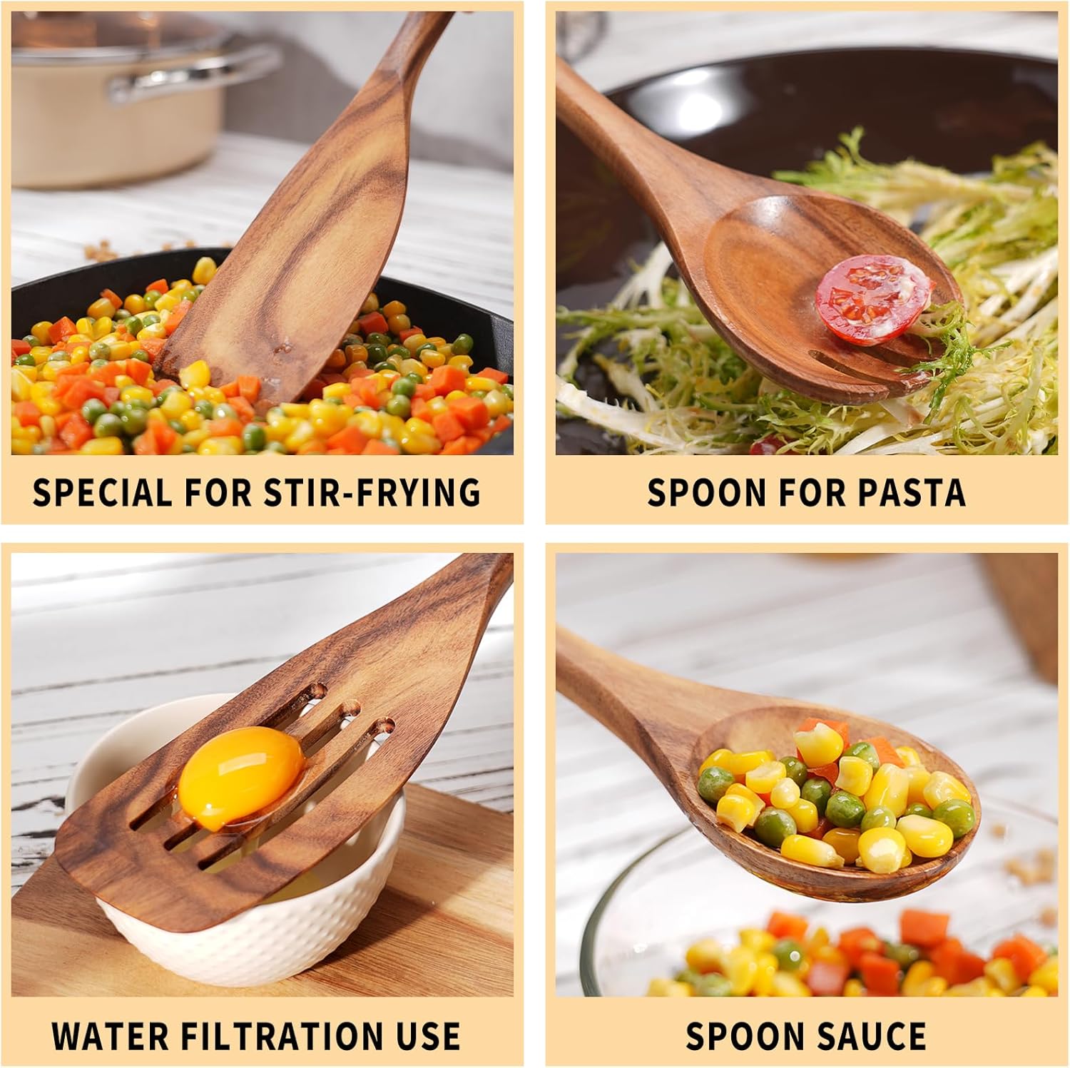 Wooden Cooking Utensils Set, 9 PCS Teak Wood Spoons, Spatula, Slotted Spoon, Handmade Modern
