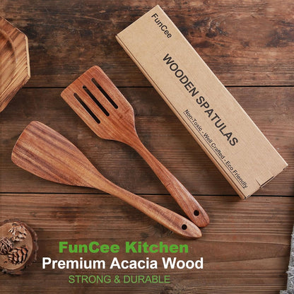 2 Pack Wooden Spatula, Acacia Wood Long Handle Flat Frying Turner, Handmade wooden spoons for