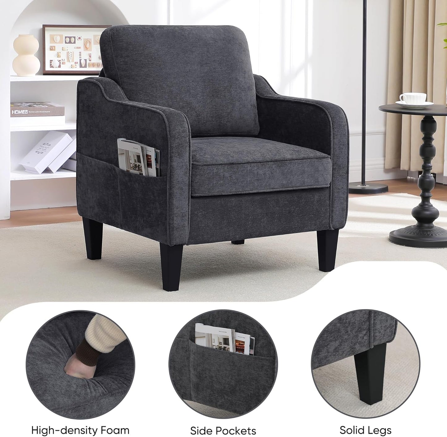 Accent Chair for Living Room, Mid Century Modern Reading Chair for Bedroom, Upholstered Armchair