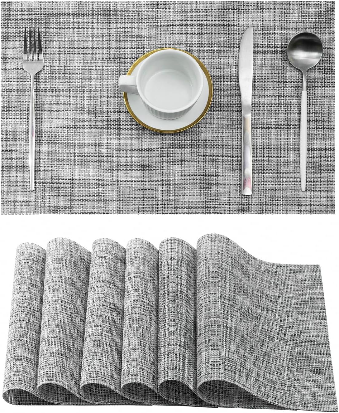 Leetaltree Linen Grey Placemats Set of 6 - Heat Resistant Non-Slip Place mats for Dining Table