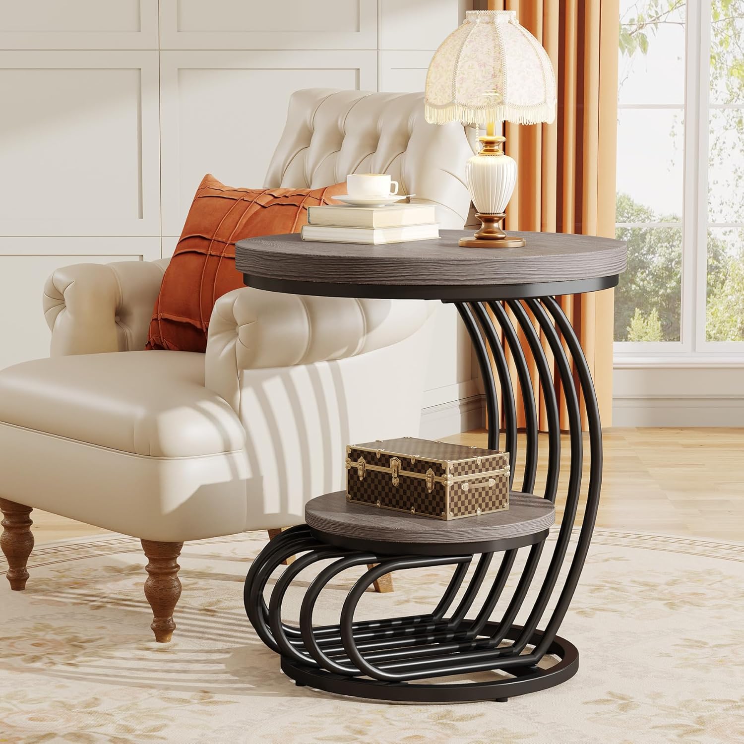 Tribesigns Round End Table: 2 Tiers Wood Side Table Set of 2 with Storage Shelf, Rustic Gray