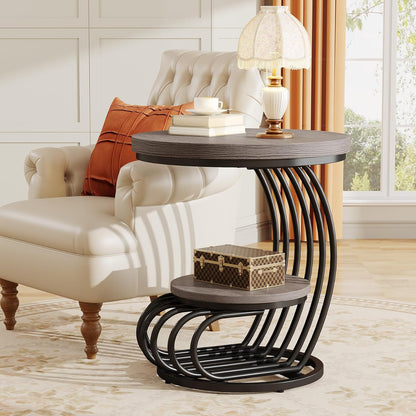 Tribesigns Round End Table: 2 Tiers Wood Side Table with Storage Shelf, Rustic Gray Bedside