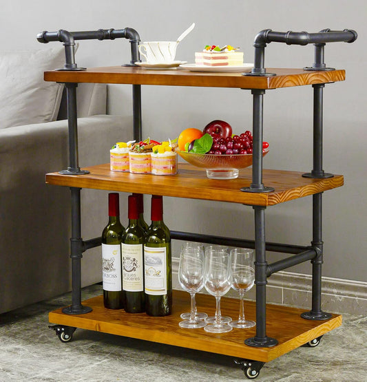 Industrial Pipe Bar Carts/Serving Carts/Kitchen Carts/Wine Rack Carts on Wheels with Shelves - Wood