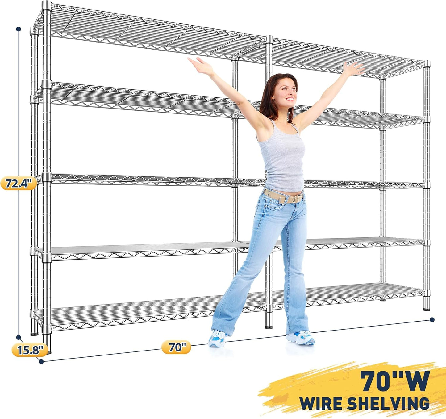 REIBII 70" W Wire Shelving Load 1500LBS, Metal Shelving 5-Tier Storage Shelves Metal Shelves for