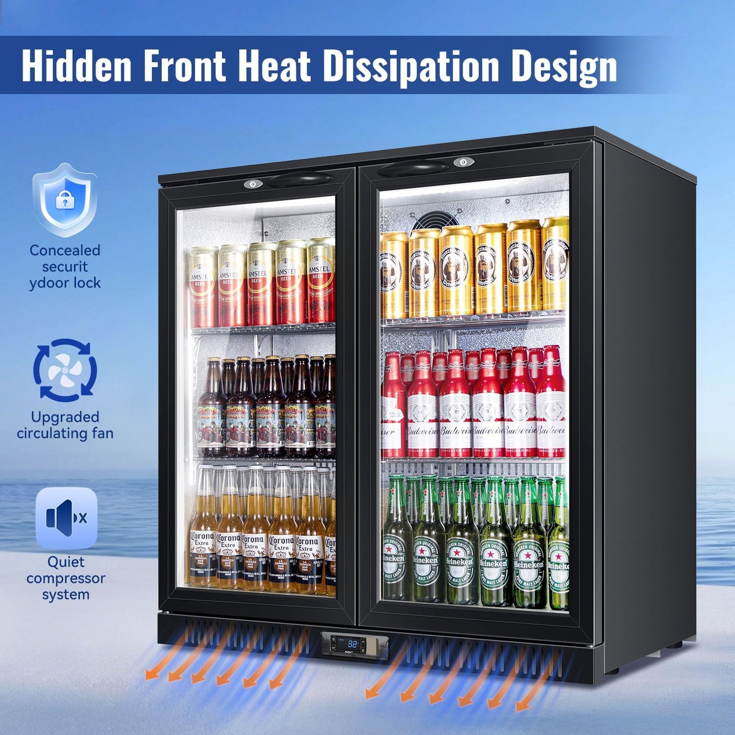 Tylza Back Bar Cooler With 2 Glass Doors, 200L Under Counter Back Bar Refrigerator with LED