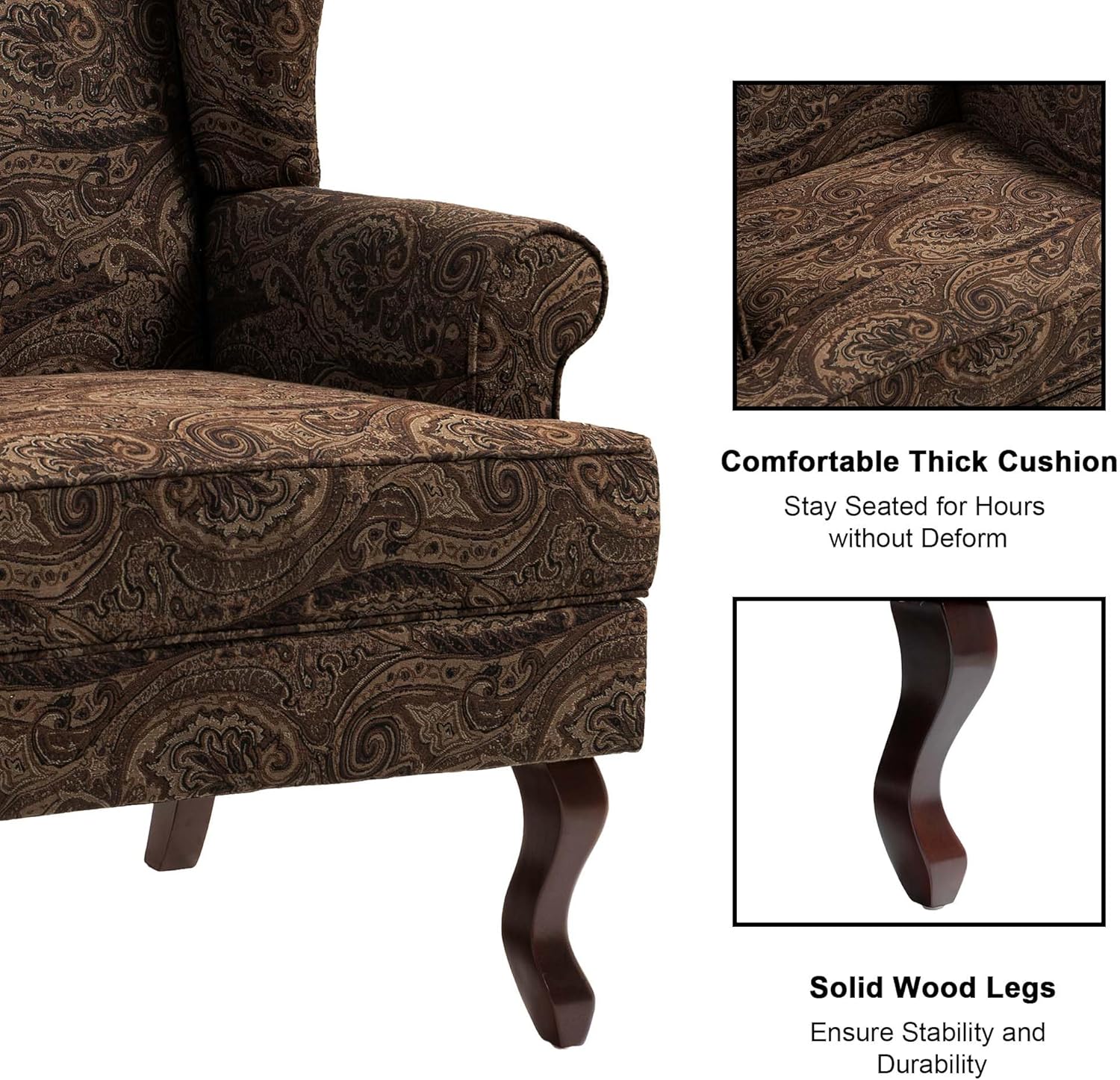 Accent Chair, High Back Upholstered Armchair with High Resilience Sponge & Wood Legs, Mid-Century