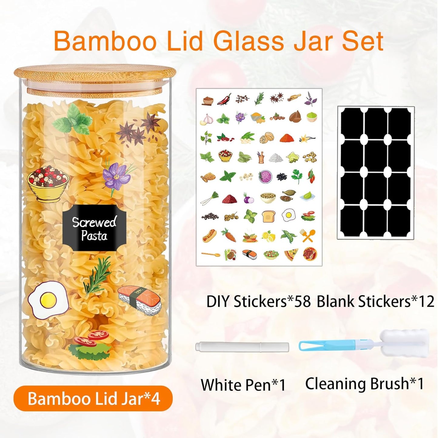 Glass Storage Jars 45 oz 4 Pcs Clear Glass Food Storage Containers with Airtight Bamboo Lid