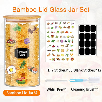 Glass Storage Jars 45 oz 4 Pcs Clear Glass Food Storage Containers with Airtight Bamboo Lid