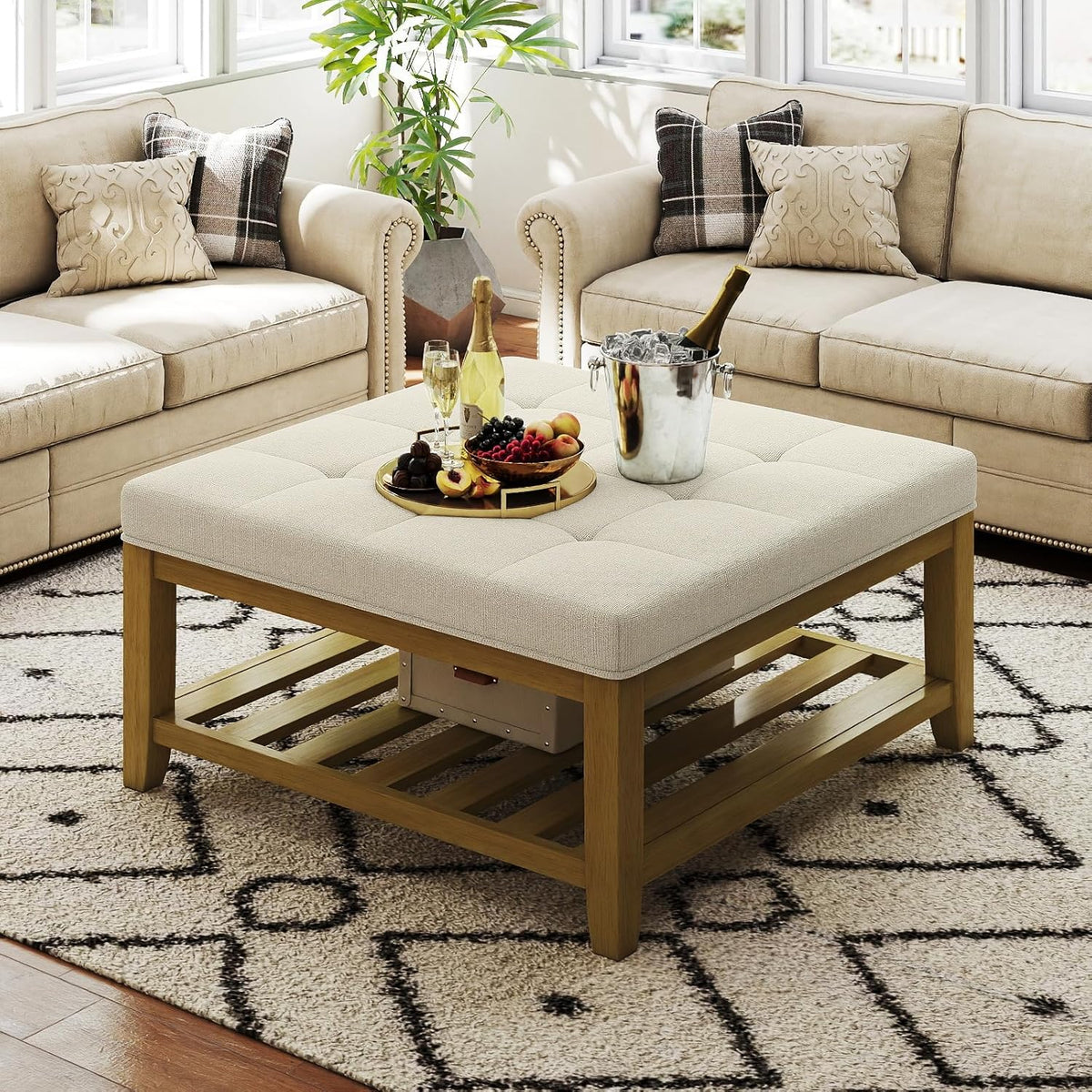Large Square Ottoman Coffee Table, Linen Solid Upholstered Footrest Ottoman with Solid Wood Shelf