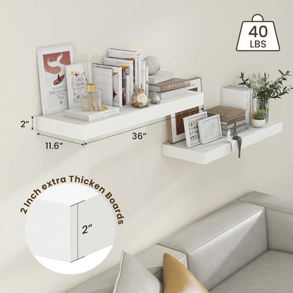 Deep Floating Shelves, 12'' Deep Rustic Large Floating Shelves Set of 2, White Shelves for Wall 36