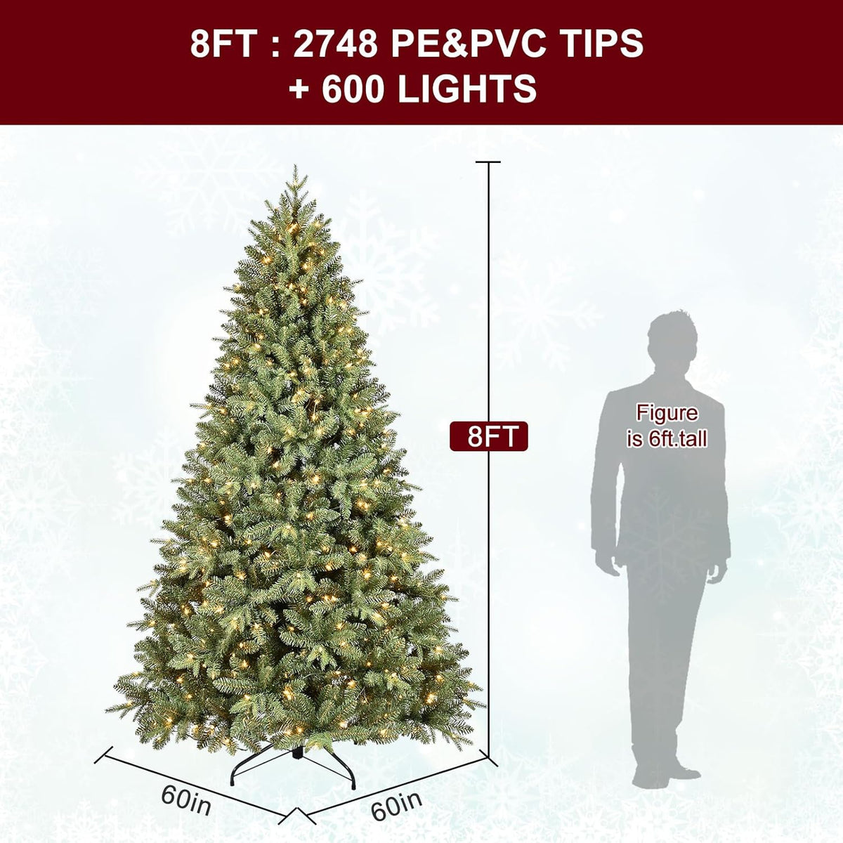 8FT Pre-Lit Artificial Christmas Tree with 2748 PE&PVC Mixed Branch Tips, 600 Warm White Lights