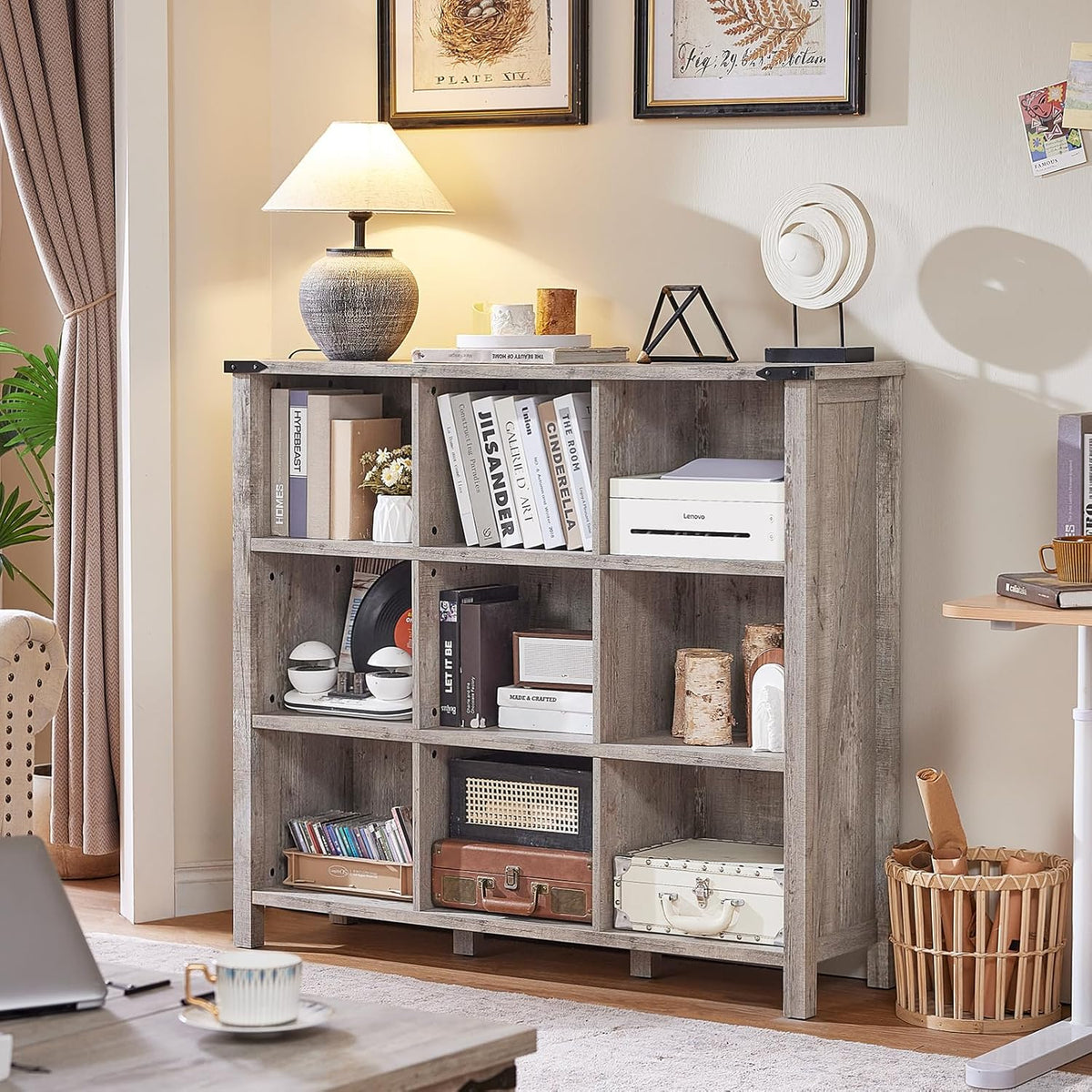 9 Cube Bookcase, Farmhouse 47 Inch Wide Grey Oak Bookshelf, Wooden 3 Tier Display Large Open Book