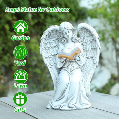Angel Statue Outdoor Decor, Elegant Angel Garden Statues Reading Book with Solar LED Lights Yard