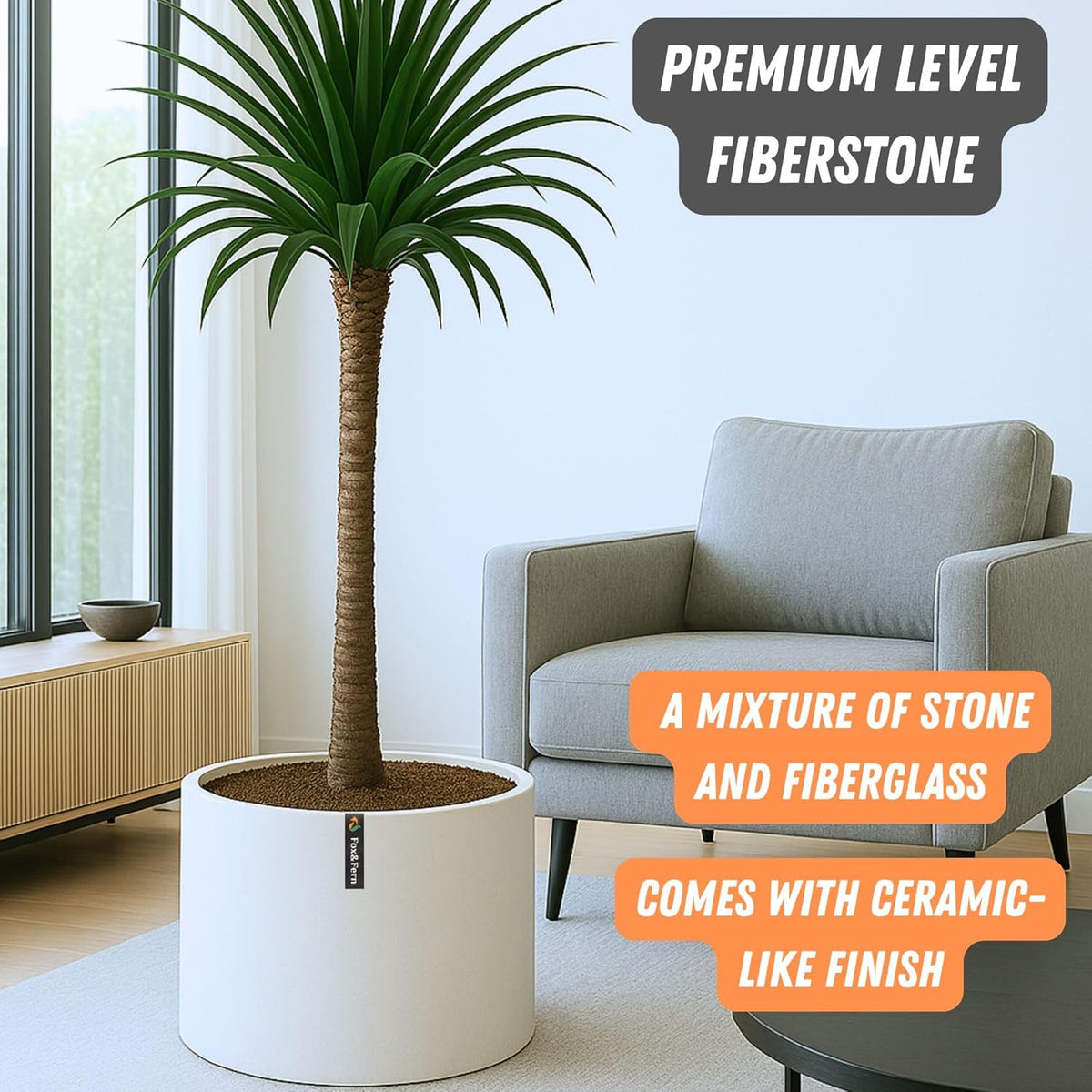 Fox & Fern 18.7 Inch Extra Large Planter — Premium Lightweight Fiberstone Matte White Plant Pot