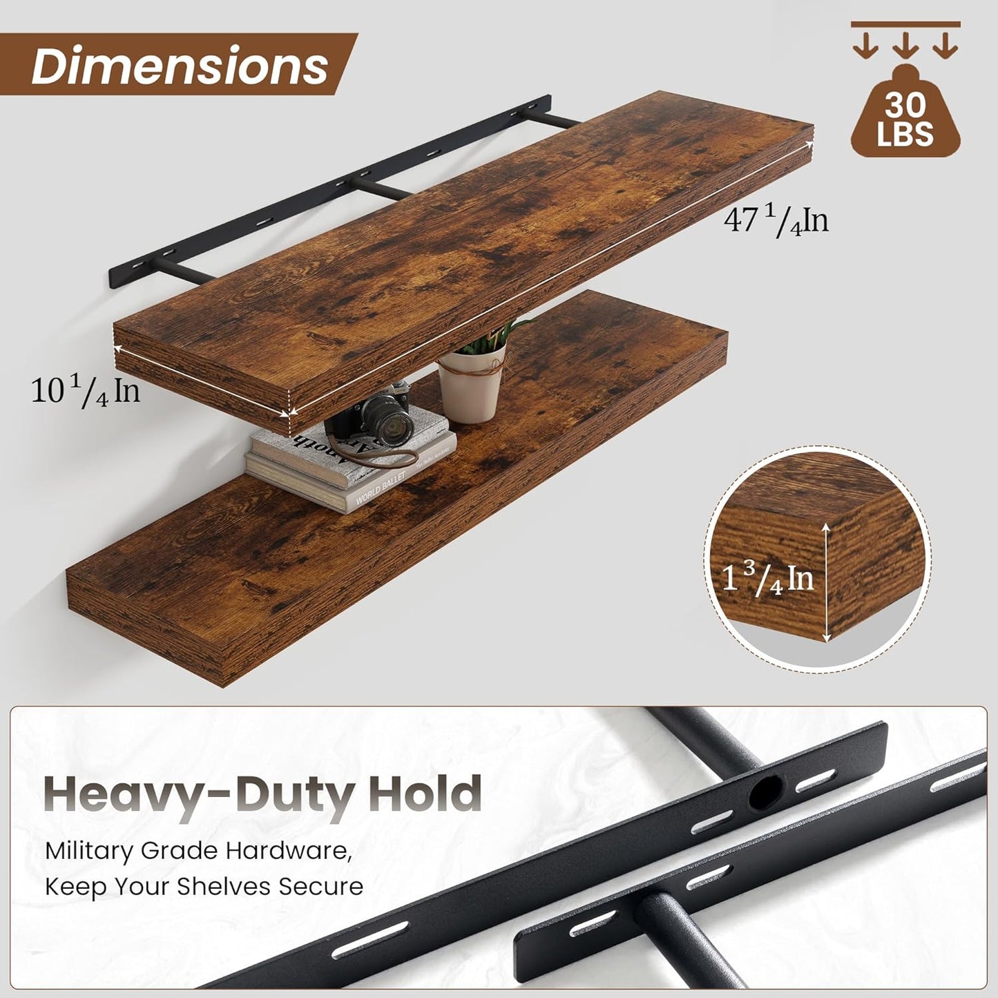 Heimlove 48" Floating Shelves for Wall,10 Deep Rustic Brown Wood Display & Storage Wall Shelves