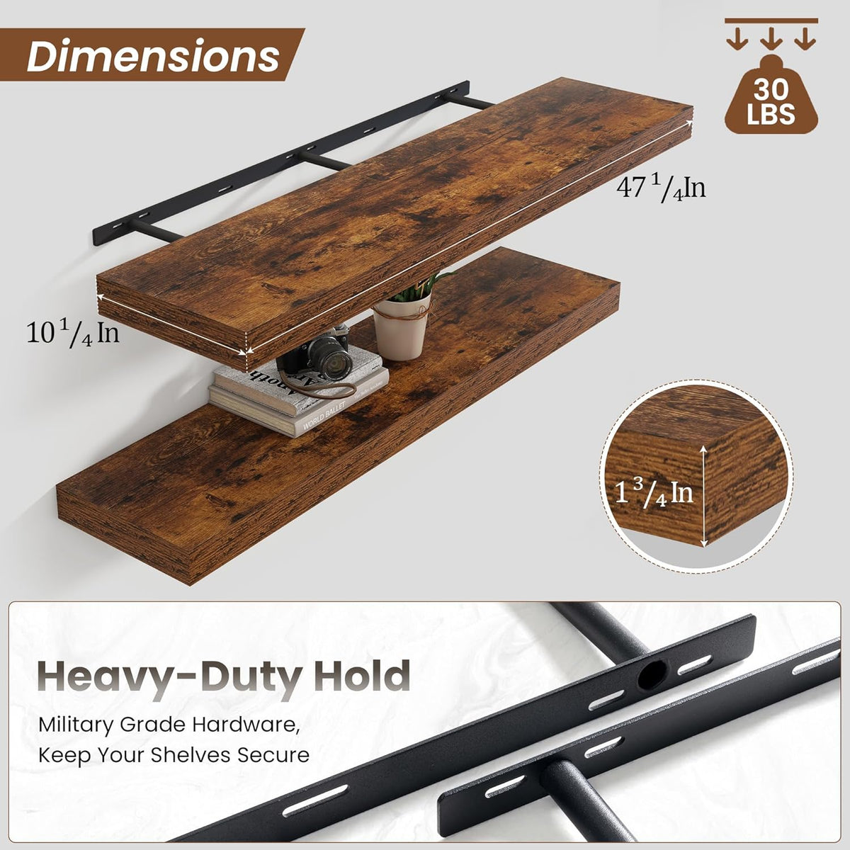 Heimlove 48" Floating Shelves for Wall,10 Deep Rustic Brown Wood Display & Storage Wall Shelves