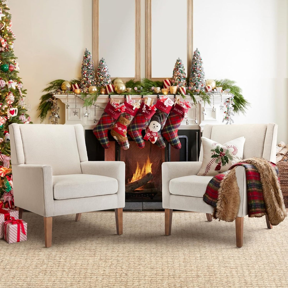 COLAMY Modern Wingback Living Room Chair Set of 2, Upholstered Fabric Accent Armchair, Single Sofa