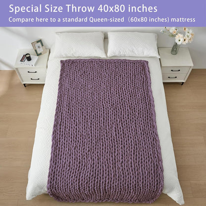 Bigacogo Chunky Knit Throw Blanket for Couch, 40x80 inches, 100% Hand Knitted with Thick Jumbo